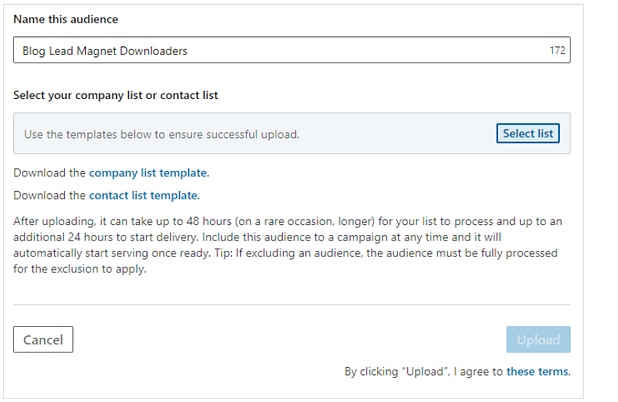 screenshot of how to upload a list in LinkedIn Campaign Manager