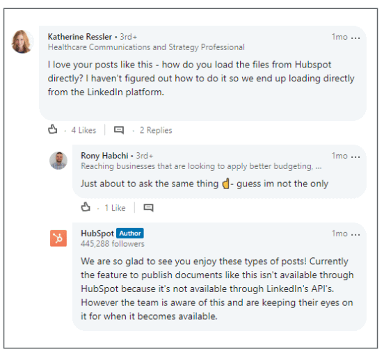 Example of answering relevant questions and comments on LinkedIn