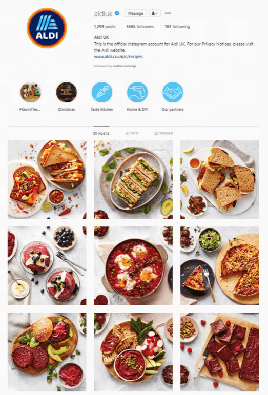 Aldi's Instagram Homepage and Grid